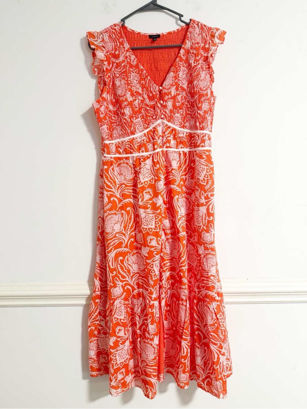 Talbots Orange Floral Paisey Cotton V-Neck Ruffle Midi Sundress - Size 10